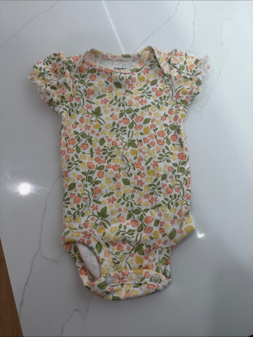 Carter's Floral Puff-Sleeve One-Piece - Cream with Pink, Yellow & Green